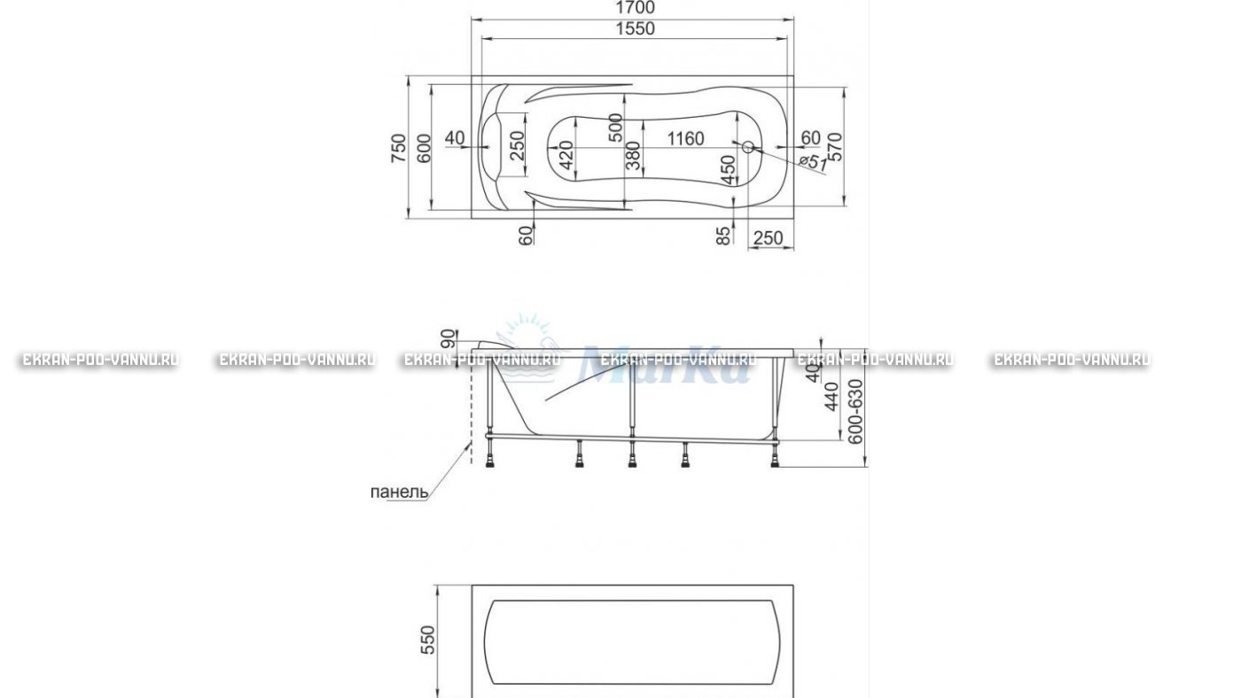 Акриловая ванна 1MarKa Calypso 170x75 – купить по цене 13950 руб. в интернет-магазине в городе Екатеринбург картинка 22